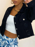 Distressed Collared Neck Long Sleeve Denim Top - Trendsi