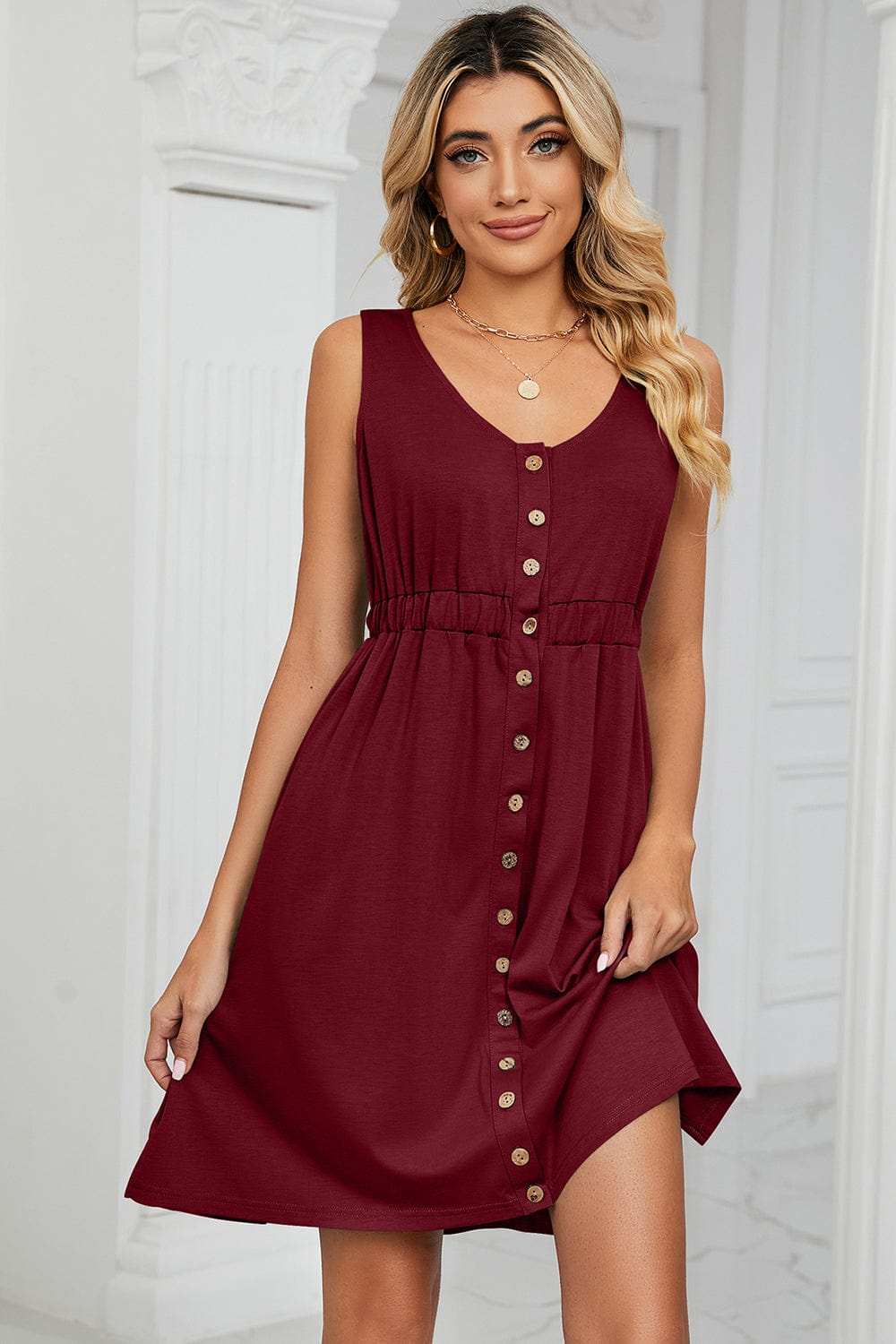Buttoned Wide Strap Mini Dress - Trendsi - Flyclothing LLC