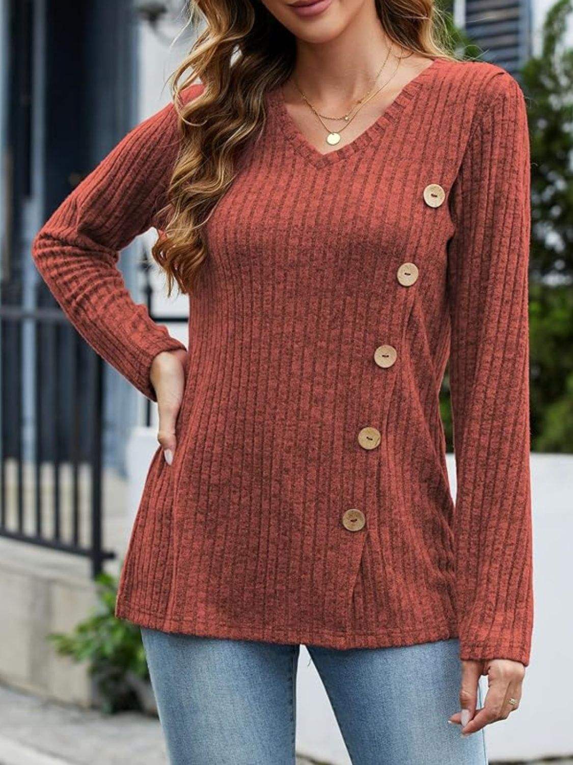 V-Neck Long Sleeve T-Shirt - Trendsi - Flyclothing LLC