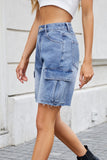 Raw Hem Washed Denim Shorts with Cargo Pockets - Trendsi