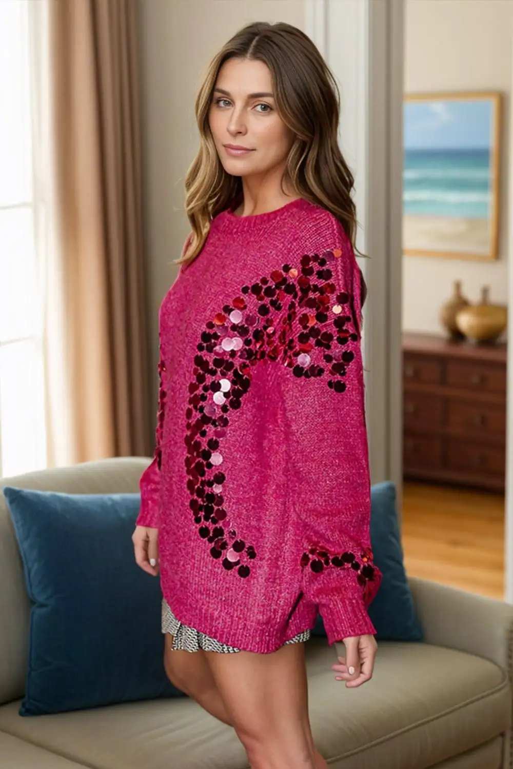 Sequin Round Neck Long Sleeve Sweater - Trendsi - Flyclothing LLC