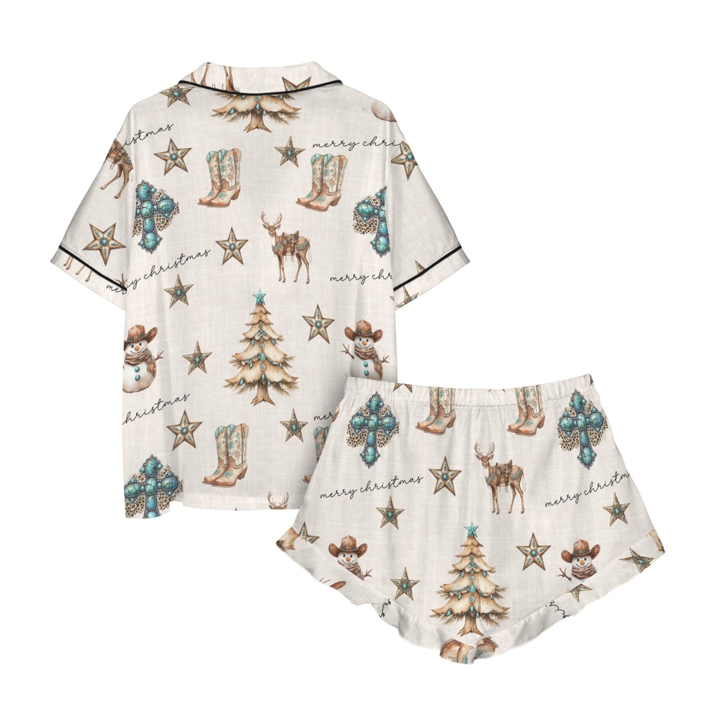 Baha Ranch Christmas Spirit Cowgirl Western Cowboy Satin Short Pajama Sets