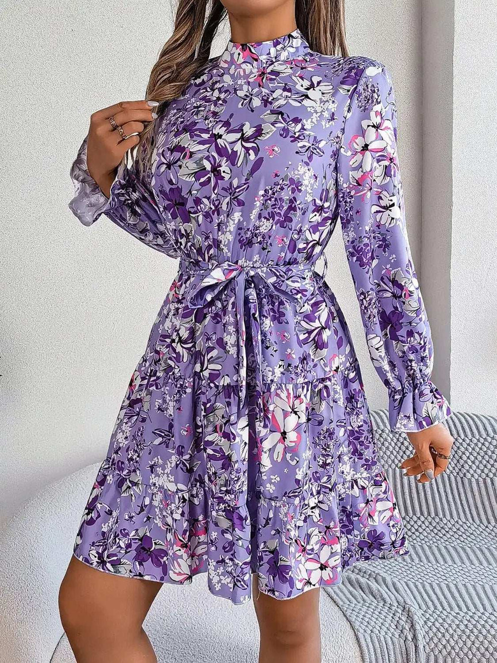 Printed Mock Neck Flounce Sleeve Mini Dress - Trendsi - Flyclothing LLC