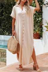 Button Down Short Sleeve Midi Shirt Dress - Trendsi - Flyclothing LLC