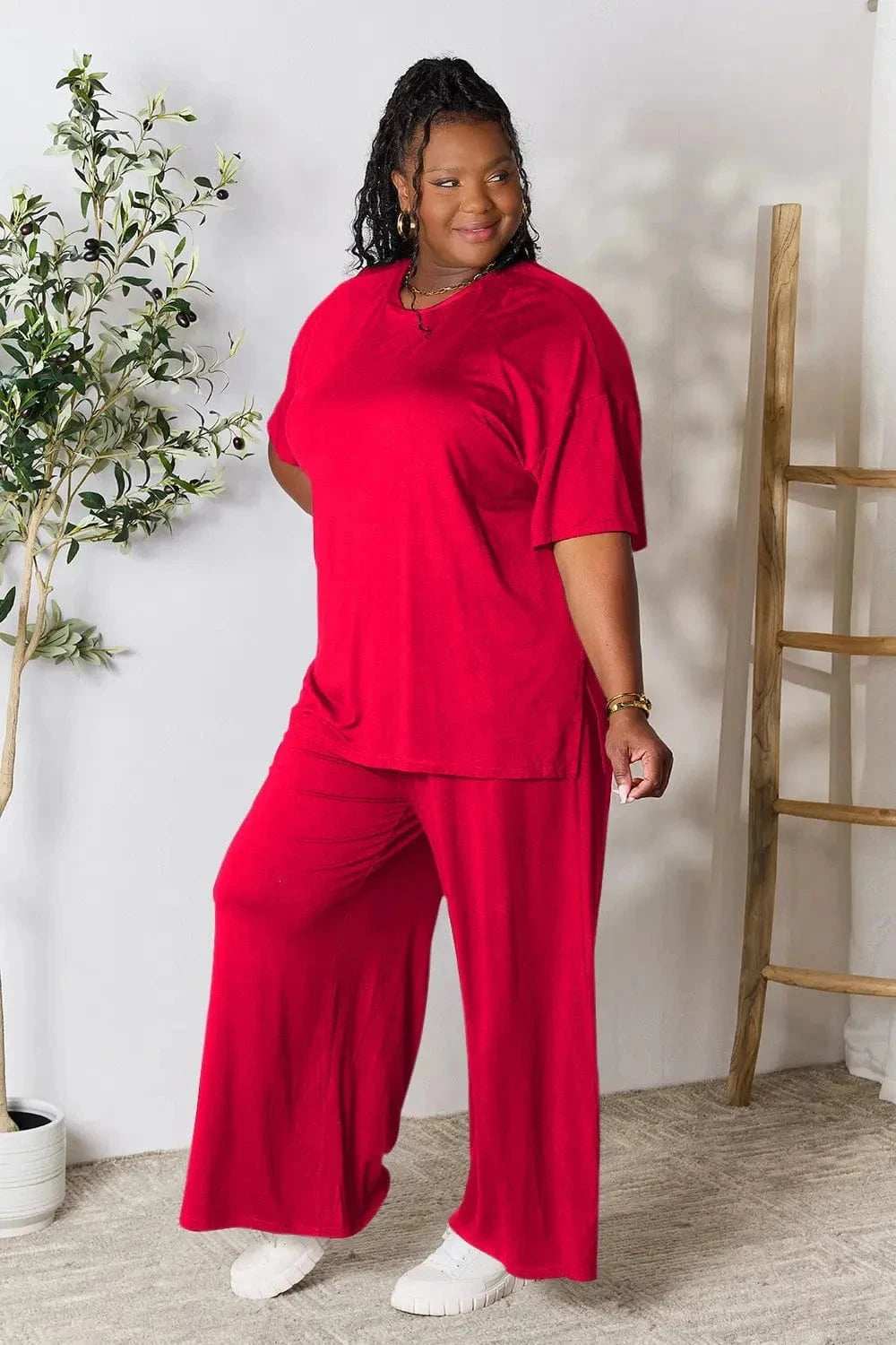 Double Take Full Size Round Neck Slit Top and Pants Set - Trendsi - Flyclothing LLC