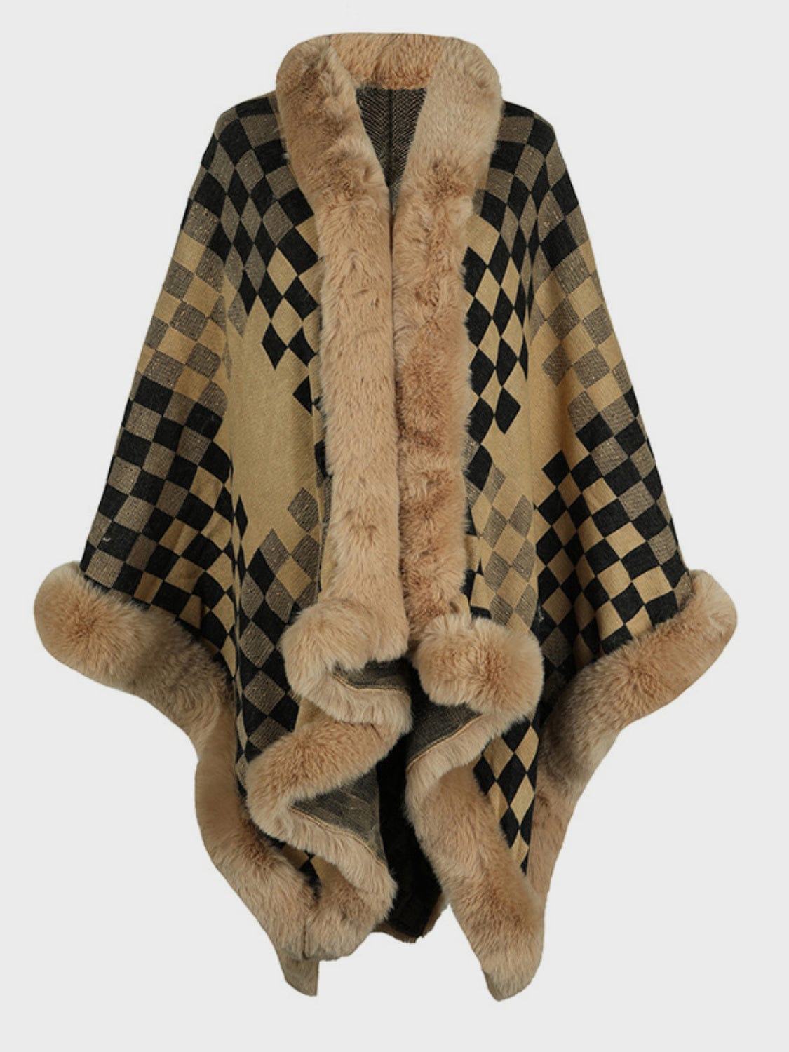 Fuzzy Checkered Long Sleeve Poncho - Trendsi
