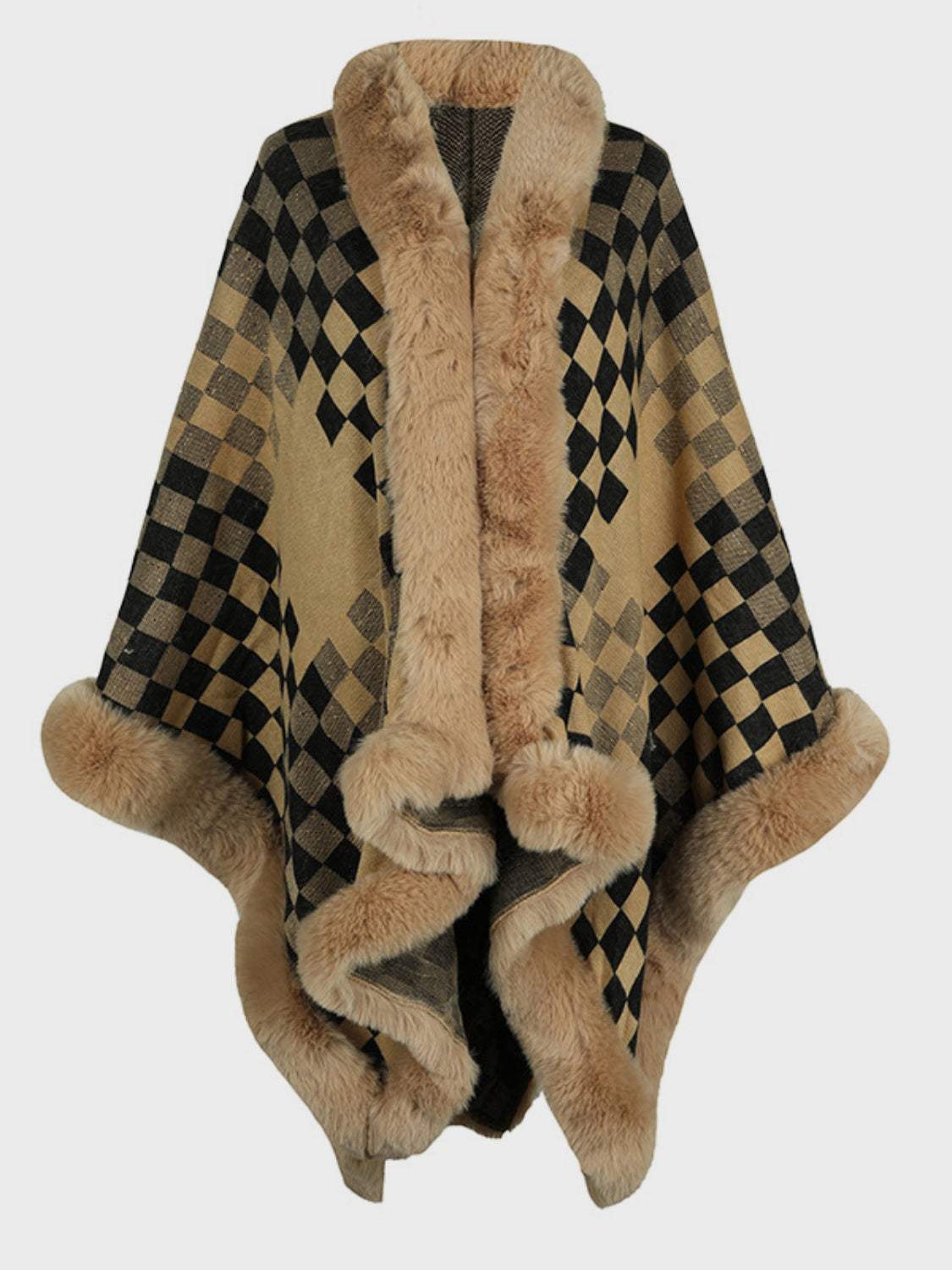 Fuzzy Checkered Long Sleeve Poncho - Trendsi - Flyclothing LLC