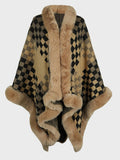 Fuzzy Checkered Long Sleeve Poncho - Trendsi