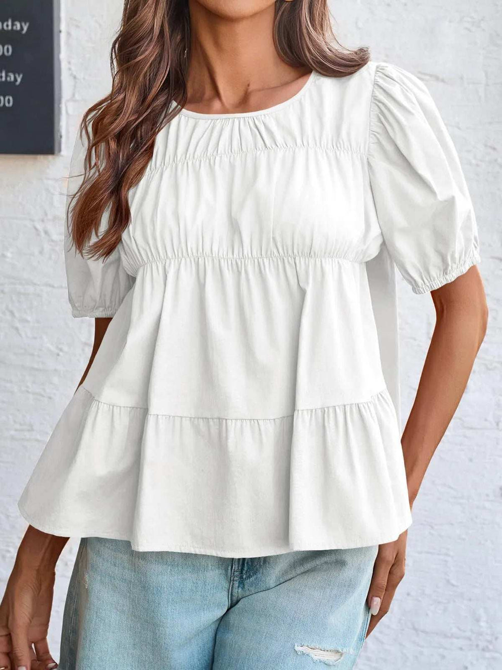 Round Neck Puff Sleeve Tiered Blouse - Trendsi - Flyclothing LLC