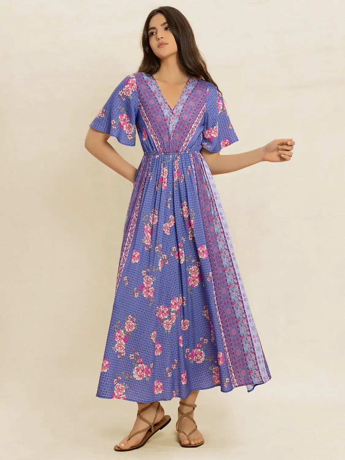 Printed Short Sleeve Midi Dress - Trendsi - Flyclothing LLC