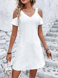 Eyelet V-Neck Cold Shoulder Mini Dress - Trendsi