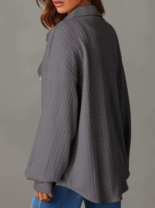 Textured Button Up Long Sleeve Shacket - Trendsi - Flyclothing LLC