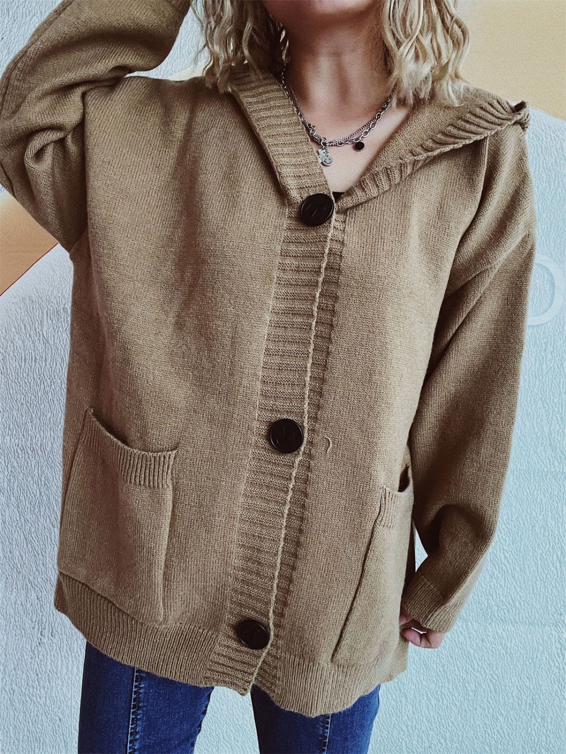 Dropped Shoulder Long Sleeve Hooded Cardigan - Trendsi