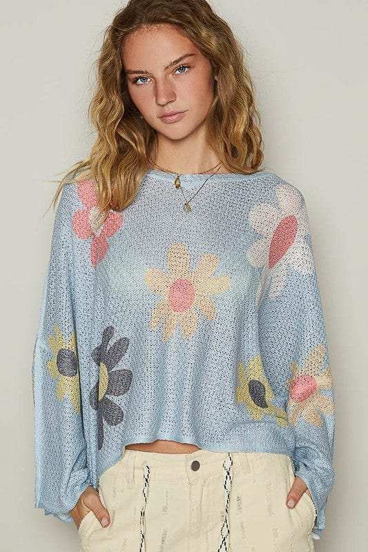 POL Flower Dropped Shoulder Long Sleeve Knit Top - Trendsi - Flyclothing LLC