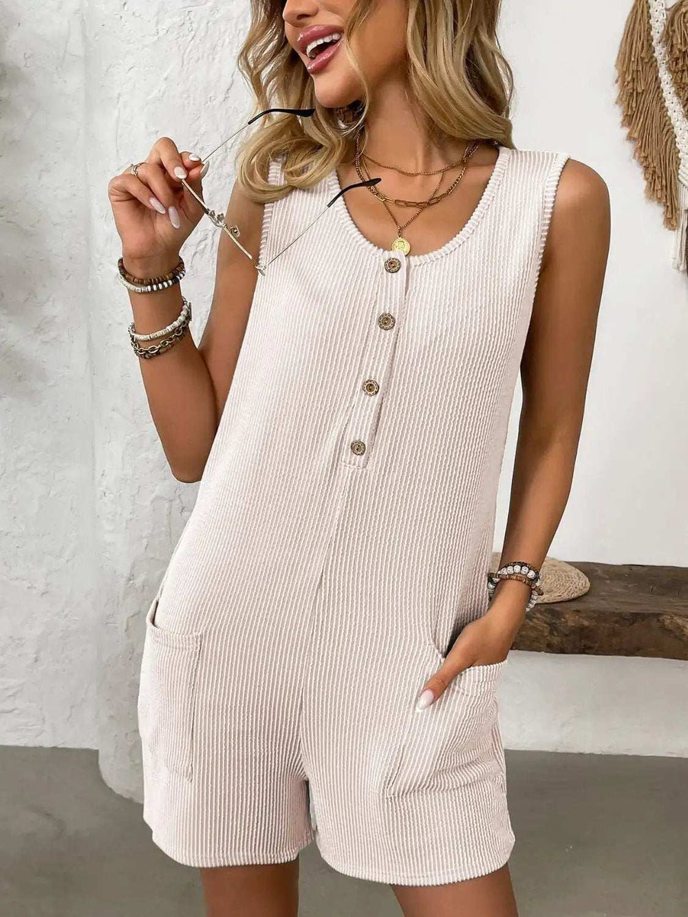 Pocketed Round Neck Sleeveless Romper - Trendsi - Flyclothing LLC