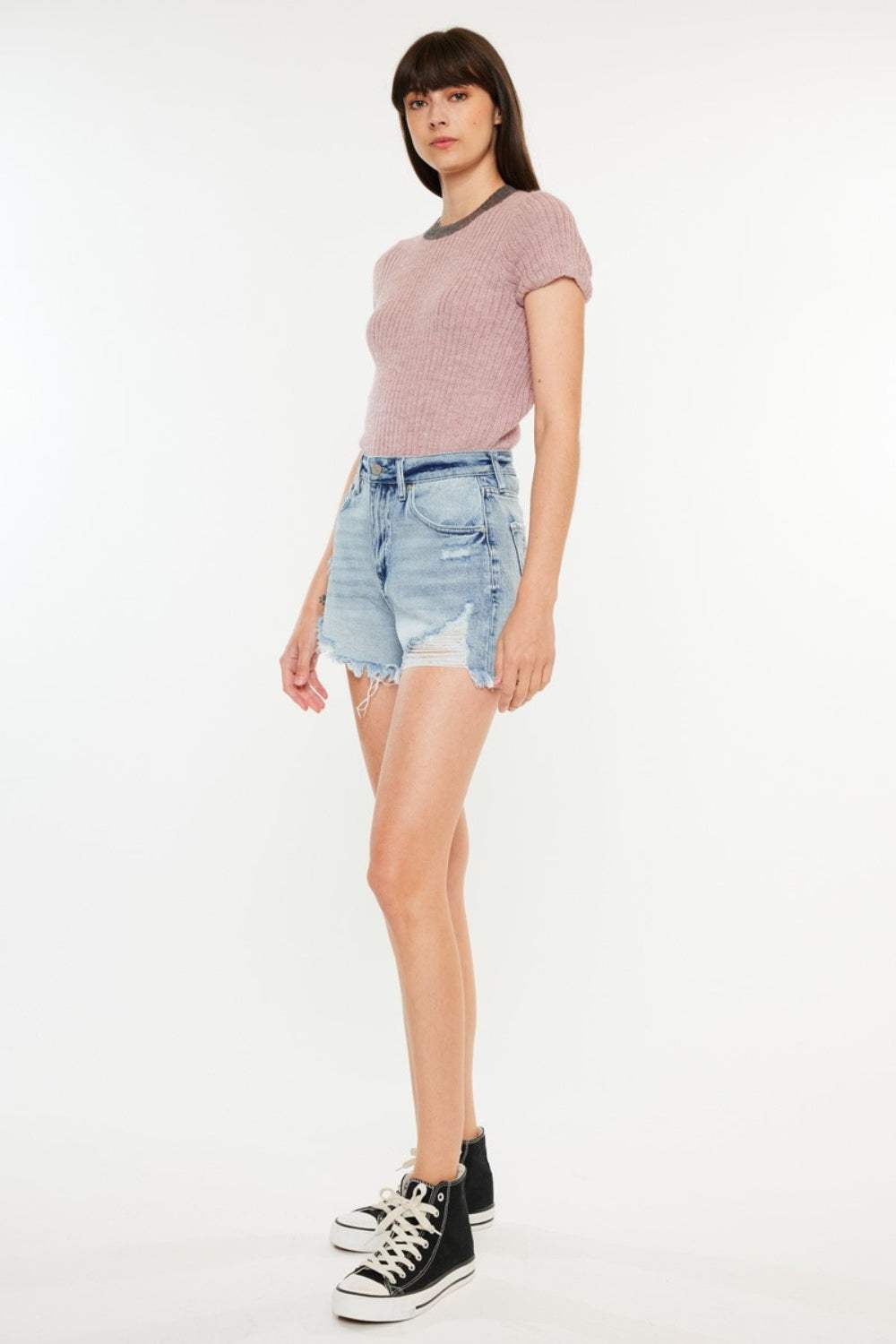 Kancan Distressed High Waist Denim Shorts with Pockets - Trendsi - Flyclothing LLC