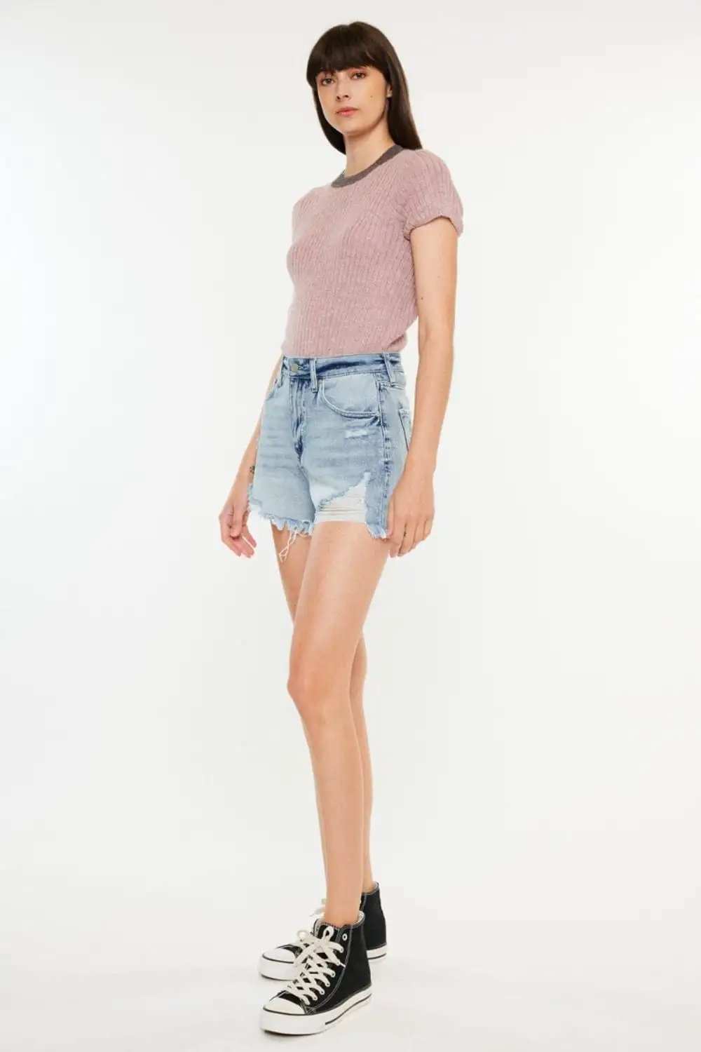 Kancan Distressed High Waist Denim Shorts with Pockets - Trendsi - Flyclothing LLC