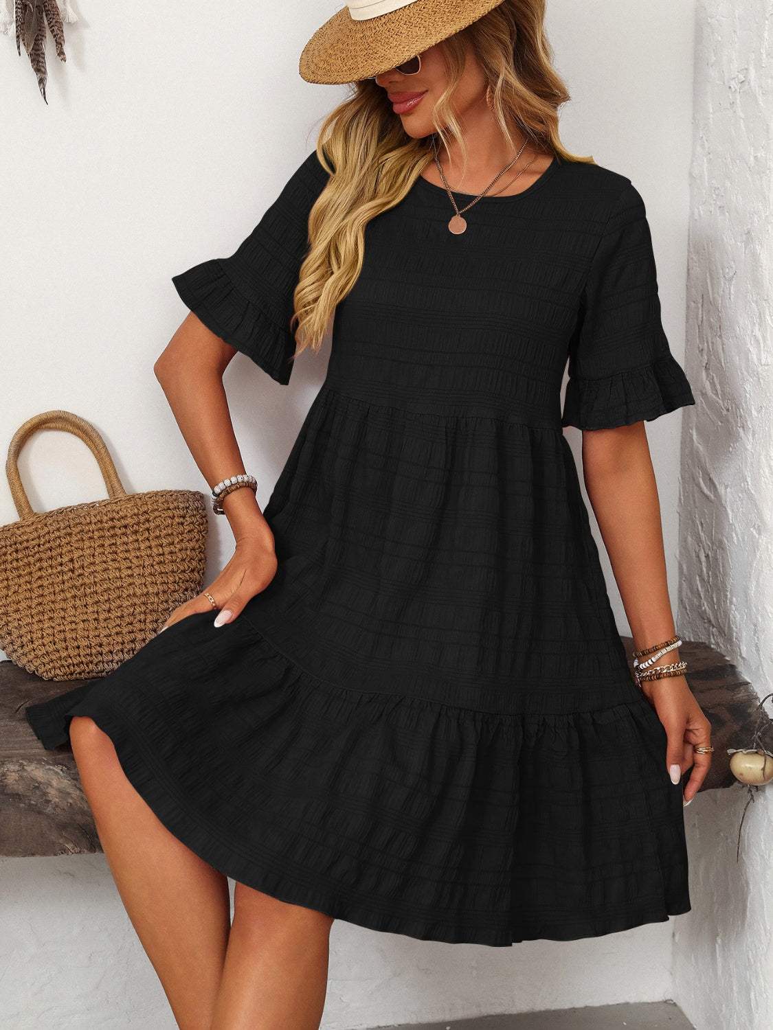 Mandy Ruffled Ruched Round Neck Half Sleeve Dress - Trendsi - Flyclothing LLC