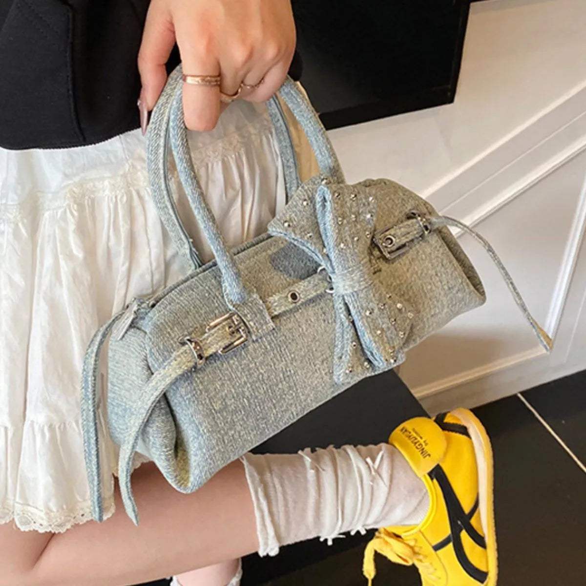 Denim Bow Accent Crossbody Bag - Trendsi - Flyclothing LLC