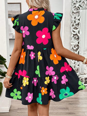 Ruffled Printed Notched Cap Sleeve Dress - Trendsi