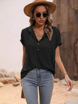 Half Button Hooded Short Sleeve Blouse - Trendsi - Flyclothing LLC