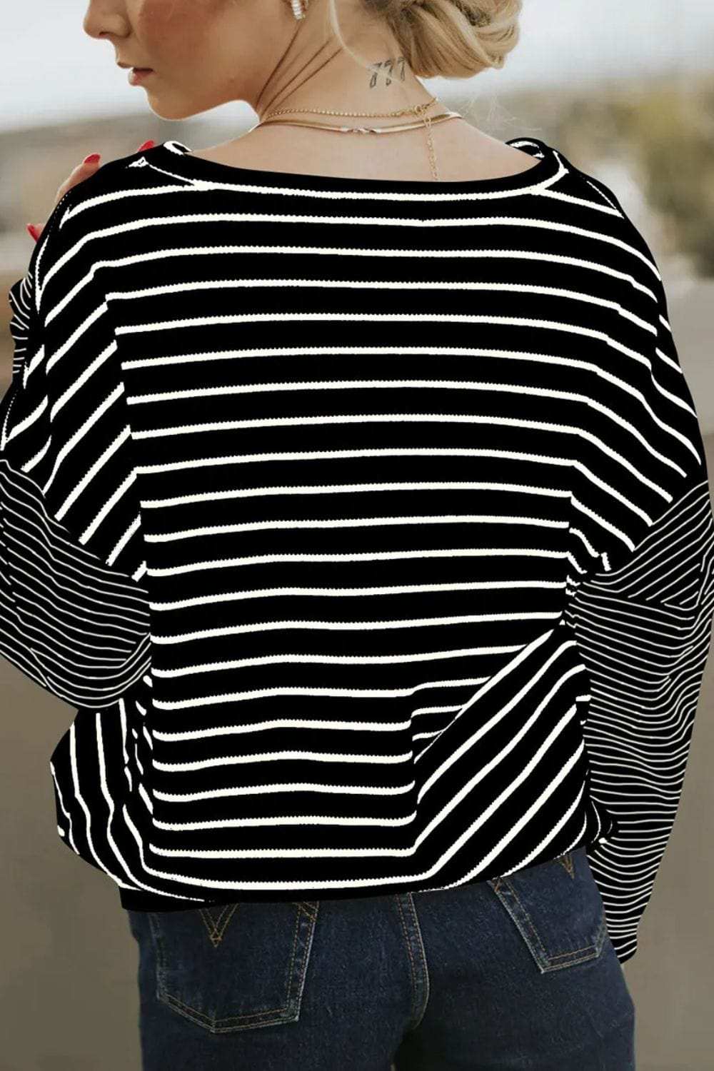 Striped Round Neck Dropped Shoulder Top - Trendsi - Flyclothing LLC