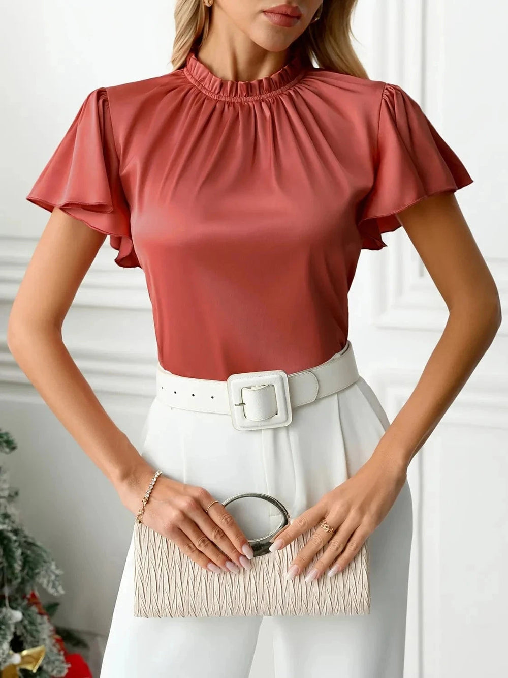 Mock Neck Flutter Sleeve Blouse - Trendsi