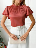Mock Neck Flutter Sleeve Blouse - Trendsi