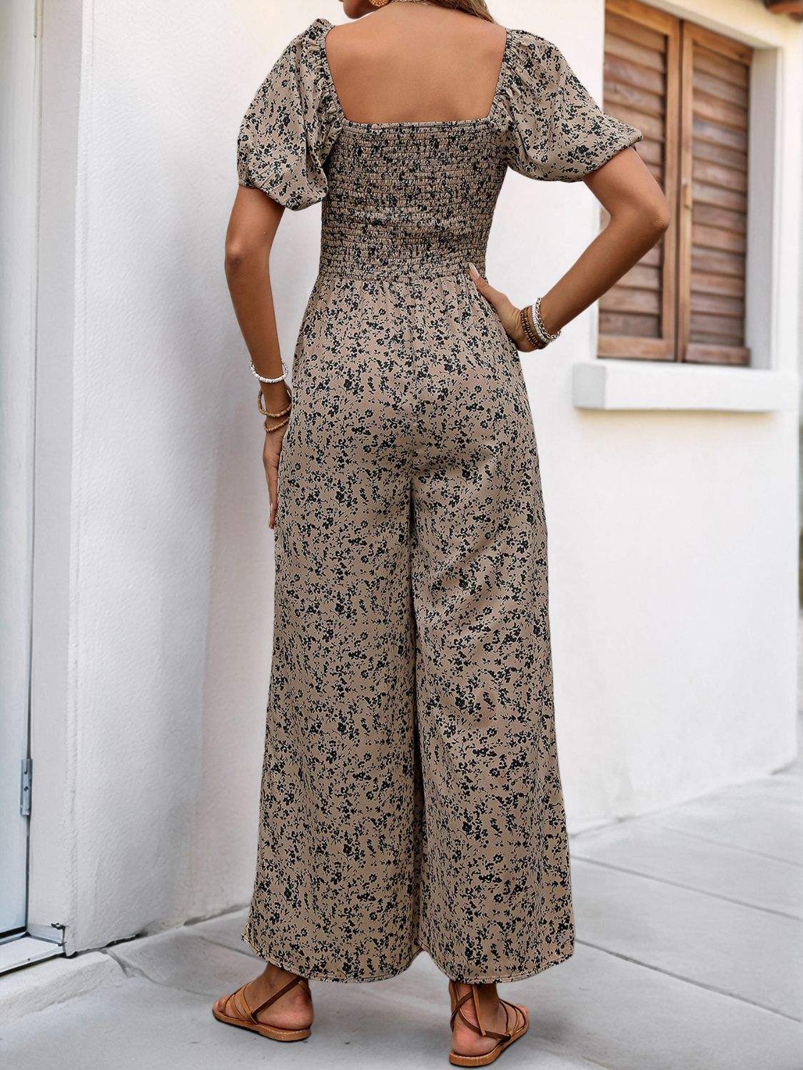Perfee Smocked Printed Square Neck Puff Sleeve Jumpsuit - Trendsi - Flyclothing LLC