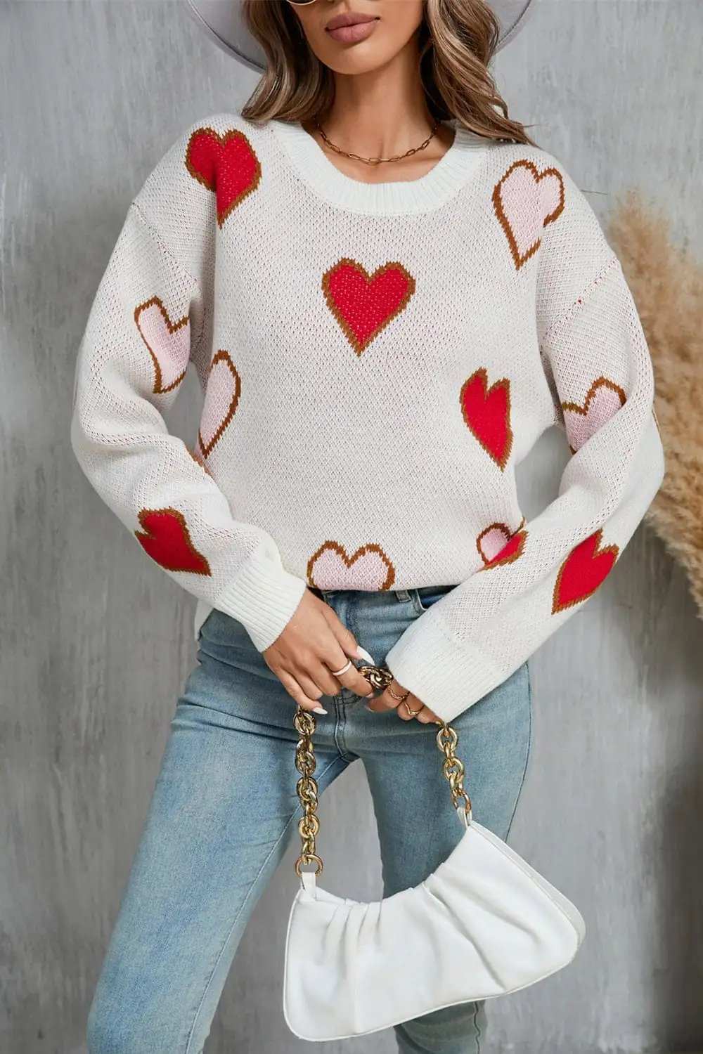 Angel Wings Contrast Heart Round Neck Long Sleeve Sweater - Trendsi - Flyclothing LLC