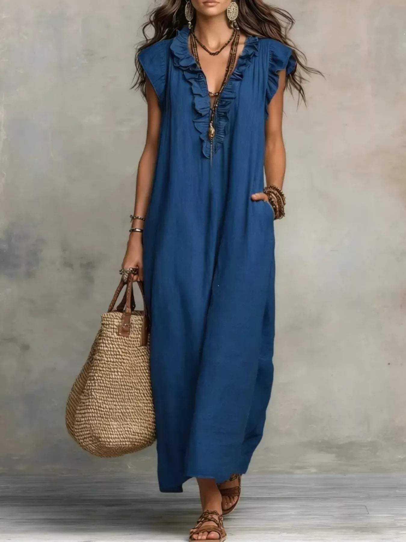 Full Size Ruffled V-Neck Cap Sleeve Maxi Dress Plus Size - Trendsi - Flyclothing LLC