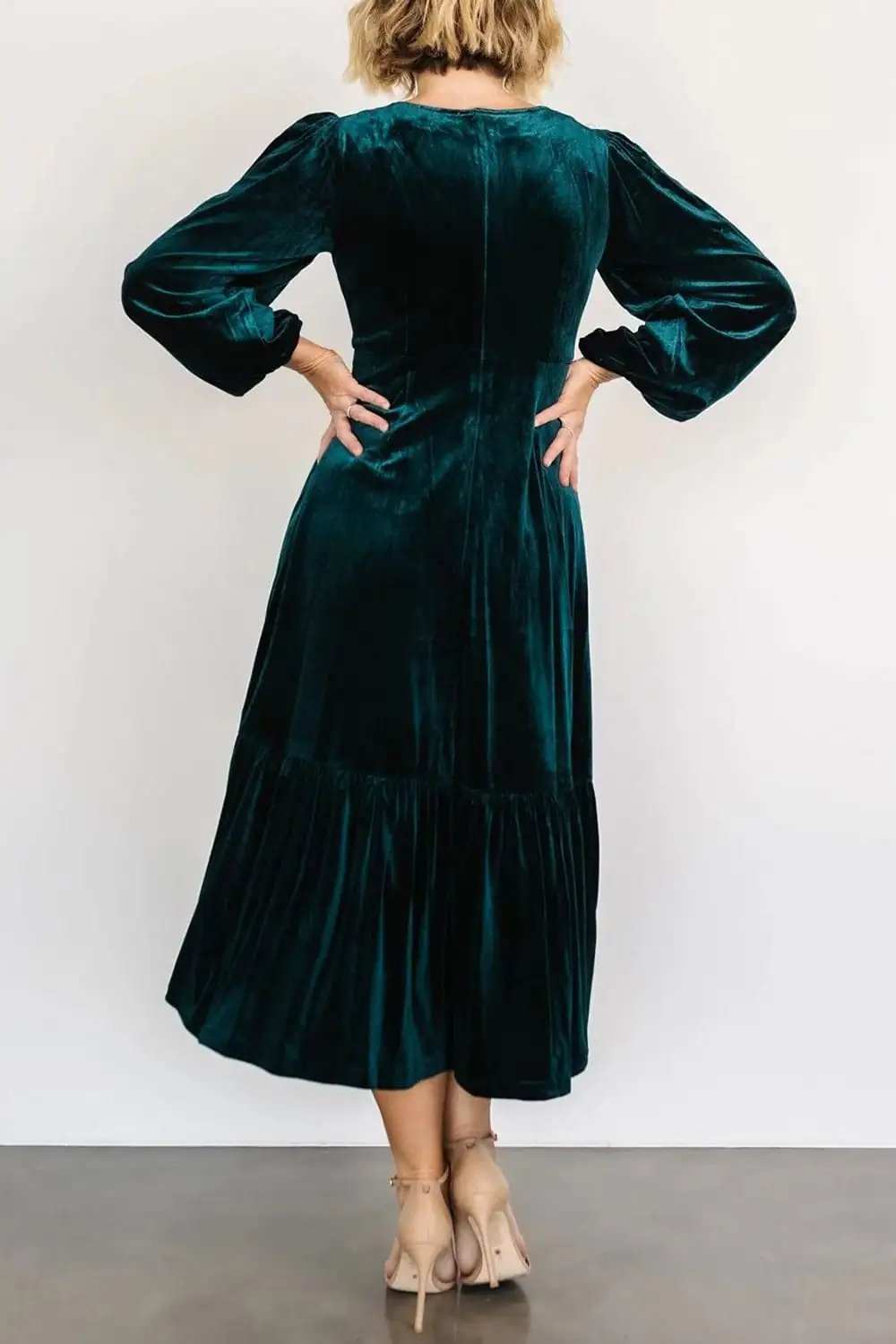 V-Neck Long Sleeve Midi Velvet Dress - Trendsi - Flyclothing LLC