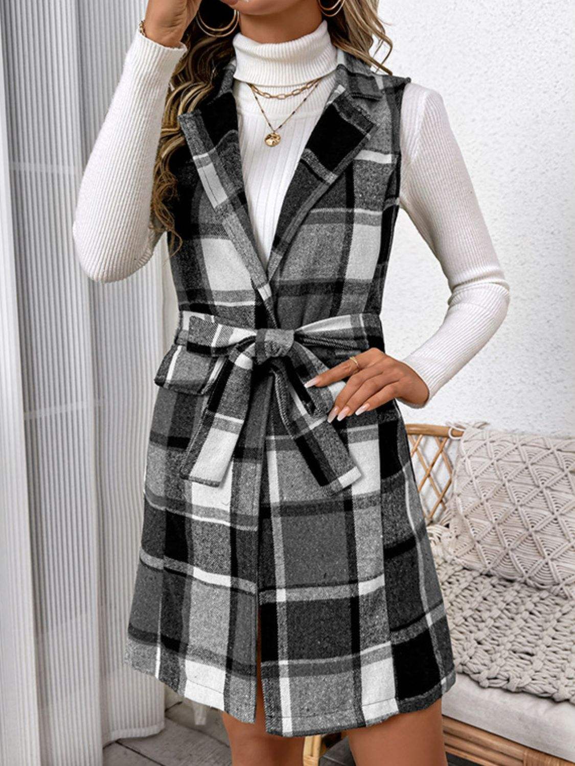 Perfee Tied Plaid Vest Coat - Trendsi - Flyclothing LLC