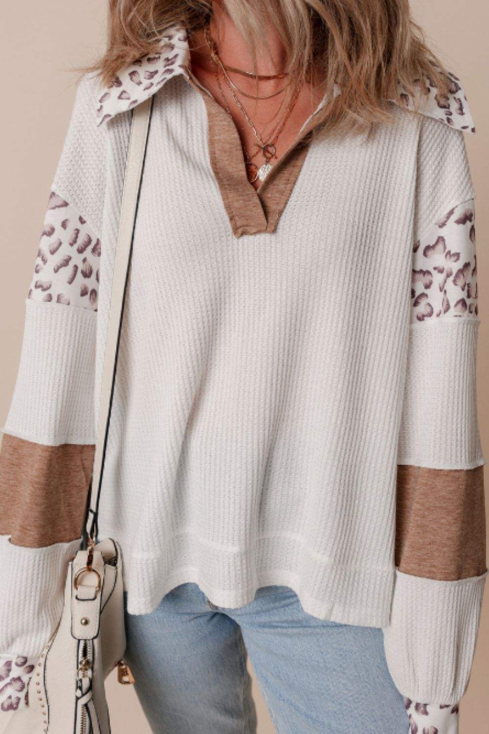 Waffle-Knit Leopard Johnny Collar Long Sleeve Top - Trendsi - Flyclothing LLC