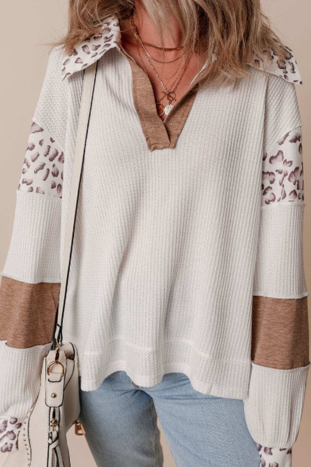 Waffle-Knit Leopard Johnny Collar Long Sleeve Top - Trendsi - Flyclothing LLC