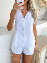 Devine Button Down V-Neck Tank and Shorts Set - Trendsi - Flyclothing LLC
