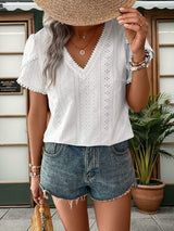 Eyelet V-Neck Petal Sleeve Blouse - Trendsi - Flyclothing LLC