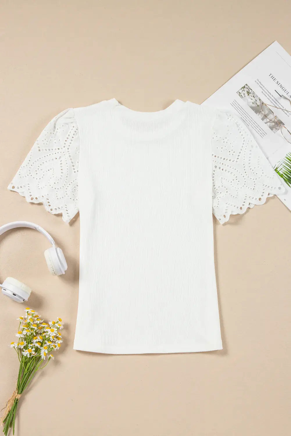 Eyelet Short Sleeve Patchwork Ribbed Top - Trendsi - Flyclothing LLC