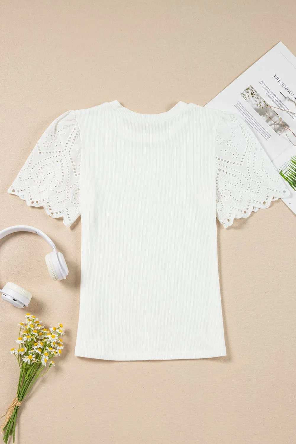 Eyelet Short Sleeve Patchwork Ribbed Top - Trendsi - Flyclothing LLC