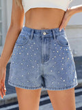 Rhinestone Washed High Waist Denim Shorts - Trendsi - Flyclothing LLC