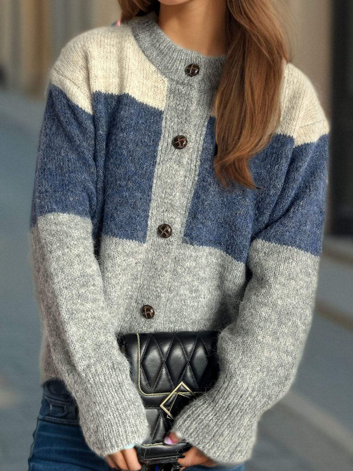 Color Block Round Neck Button Up Cardigan - Trendsi - Flyclothing LLC