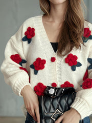 Flower Button Down V-Neck Long Sleeve Cardigan - Trendsi