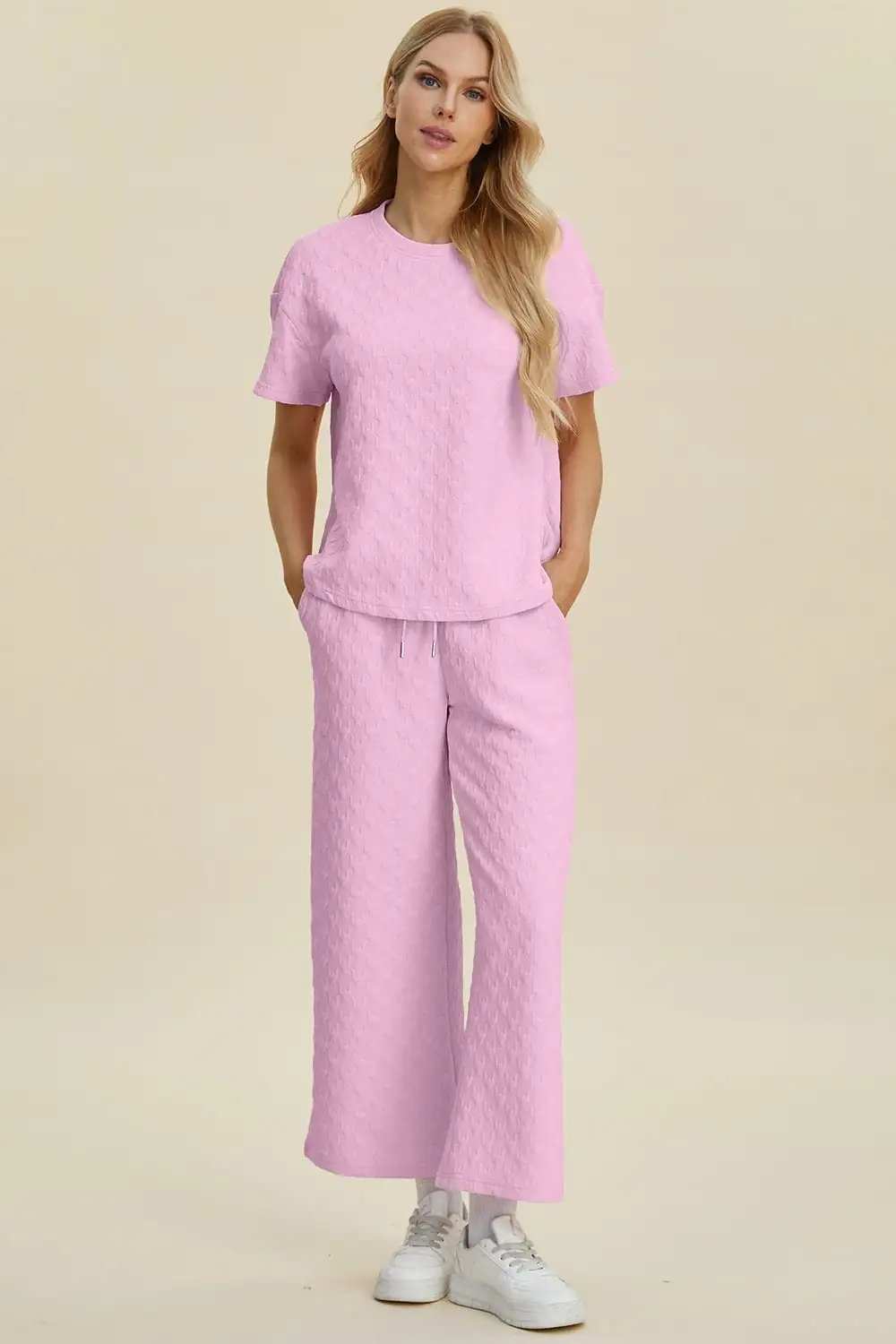 Double Take Full Size Texture Round Neck Short Sleeve Top and Pants Set - Trendsi - Flyclothing LLC