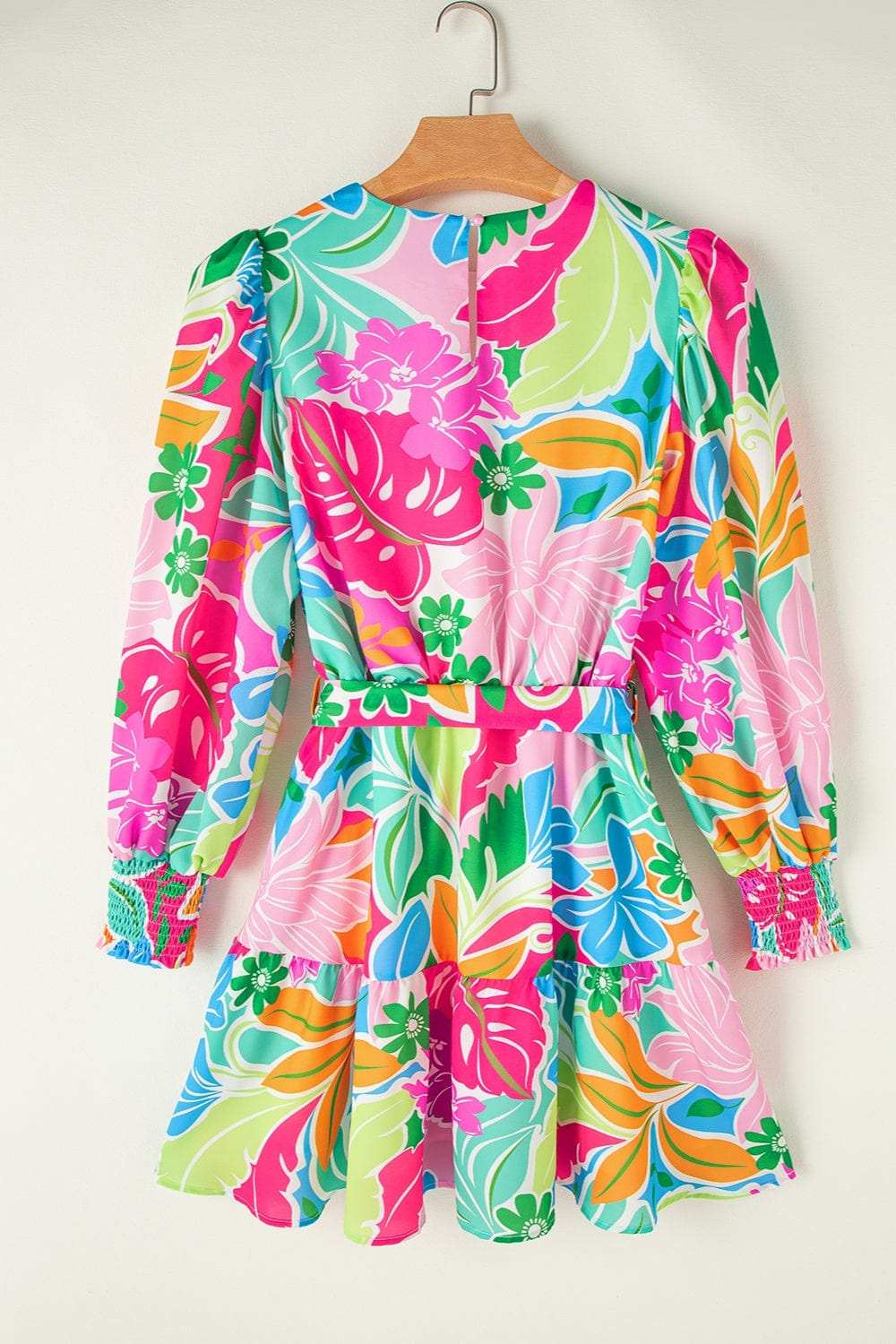 Printed Tie Waist Lantern Sleeve Mini Dress - Trendsi - Flyclothing LLC