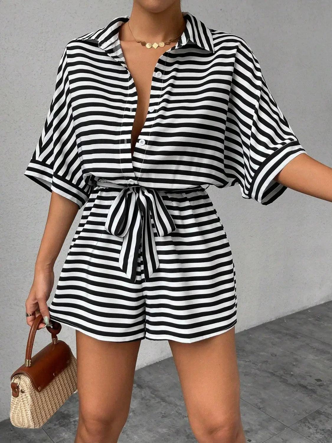 Tie Waist Half Button Striped Romper - Trendsi - Flyclothing LLC