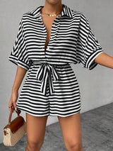 Tie Waist Half Button Striped Romper - Trendsi - Flyclothing LLC