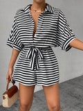 Tie Waist Half Button Striped Romper - Trendsi