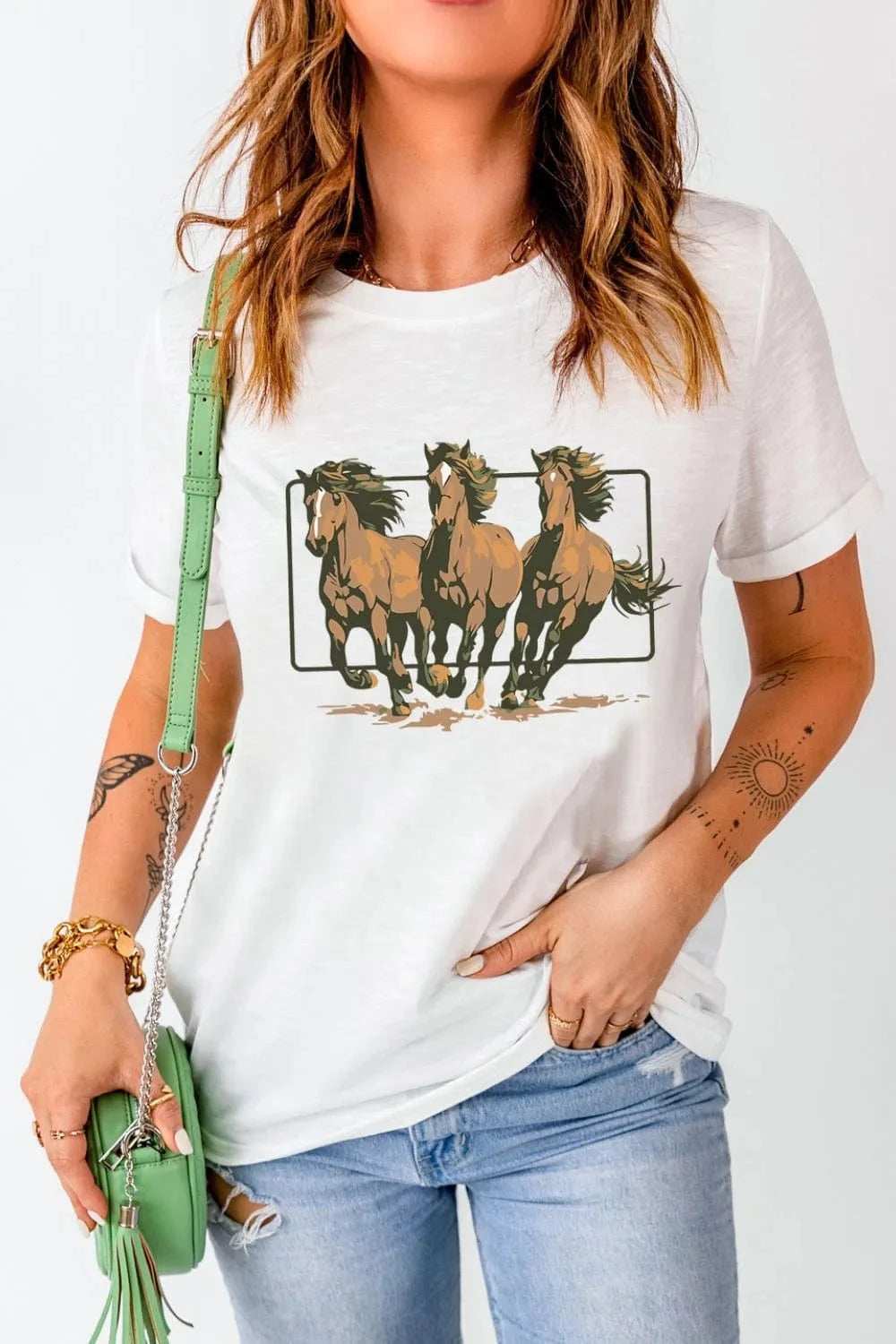 Texas Horse Graphic Cuffed Sleeve T Shirt - Trendsi - Flyclothing LLC