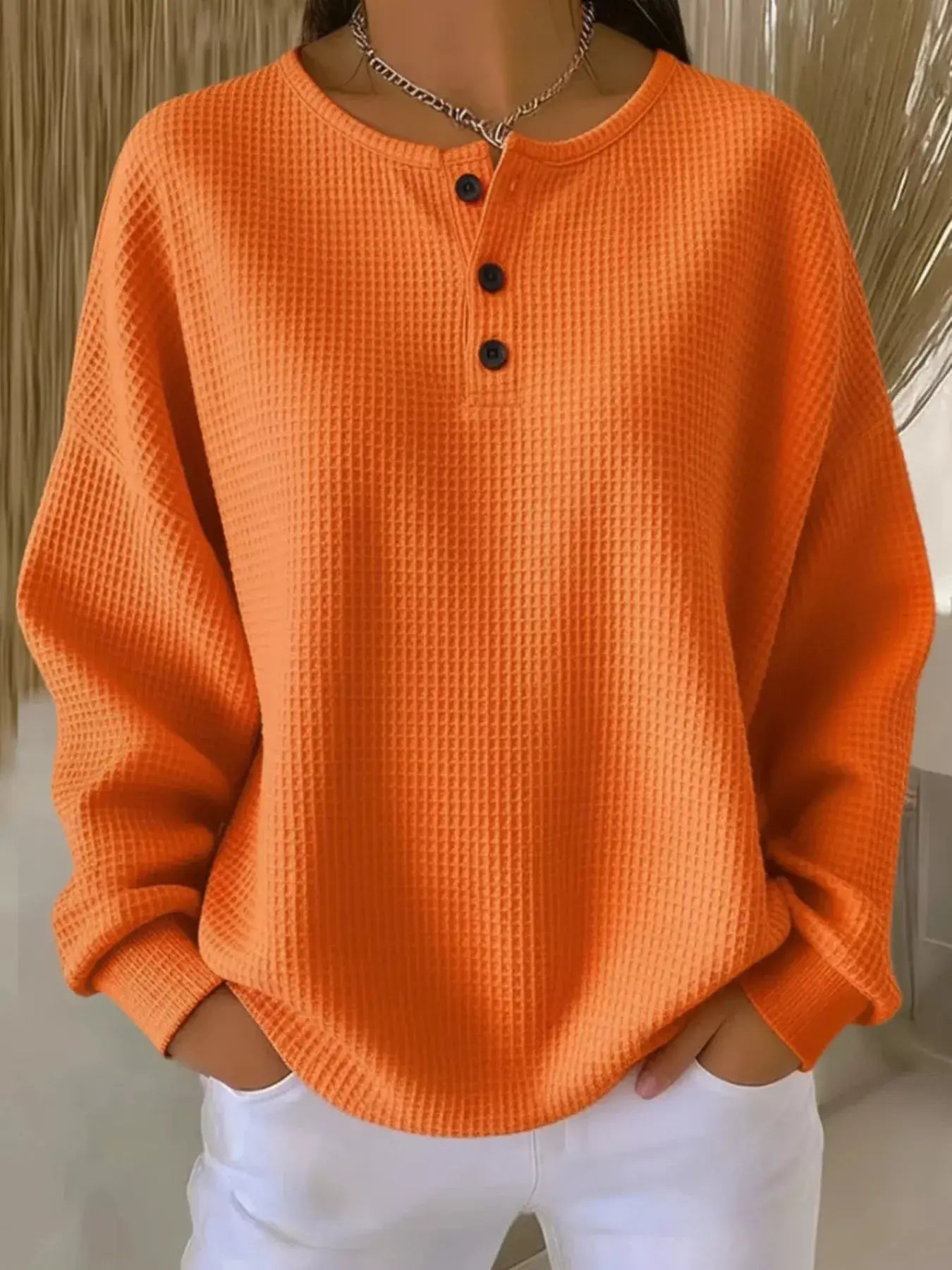 Full Size Casual Waffle Knit Button Detail Pullover Plus Size - Trendsi - Flyclothing LLC