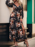 Slit Printed Surplice Long Sleeve Maxi Dress - Trendsi